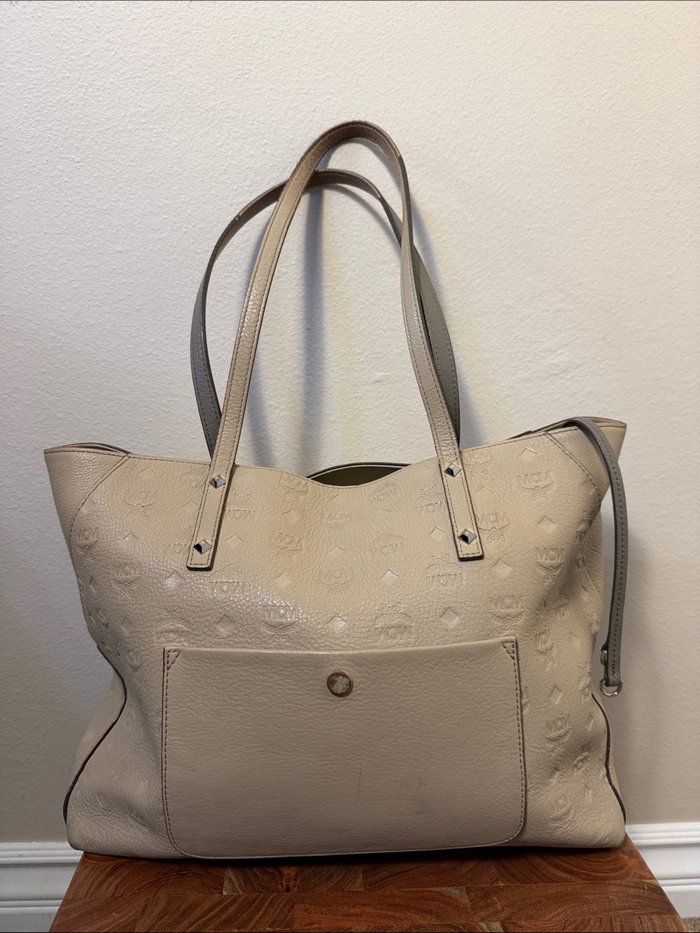 MCM Klara Tote Bag Leather Embossed Tan Beige